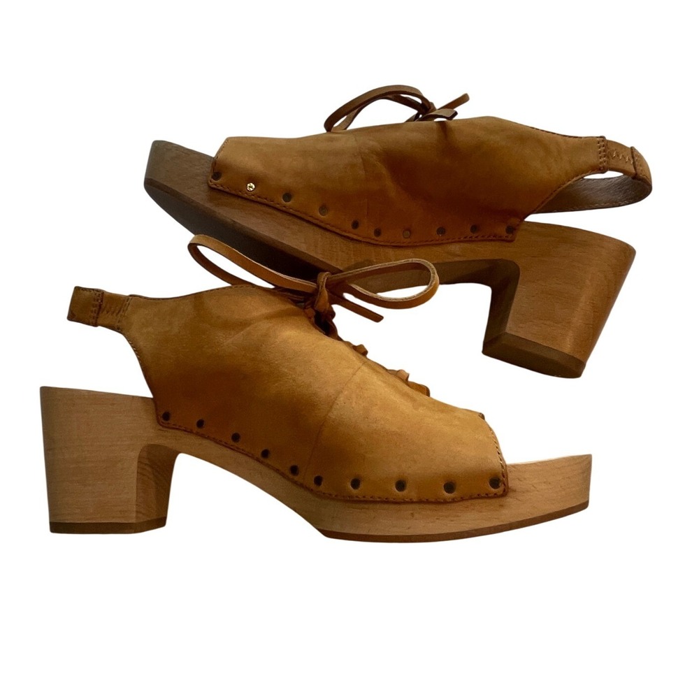 Madewell AH696 Leather Lace Up Wooden Clog Sandals Tan Brown 7.5